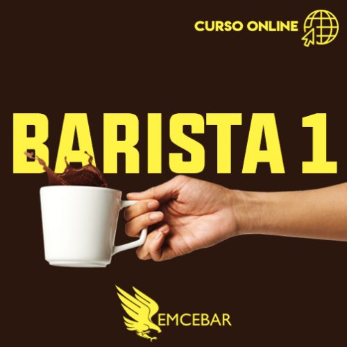 Una mano sosteniendo una taza de café con las palabras "Barista 1: Introducción al Barismo" de un curso online.