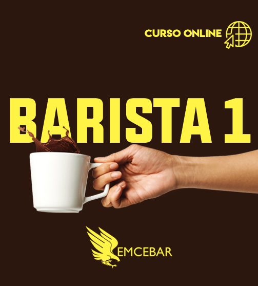 Una mano sosteniendo una taza de café con las palabras "Barista 1: Introducción al Barismo" de un curso online.