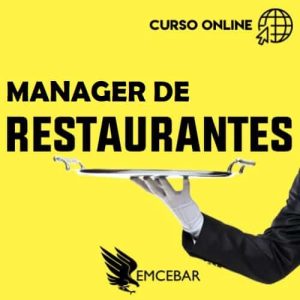 Un hombre sosteniendo una bandeja con las palabras "Manager de Restaurantes".
