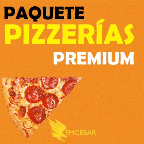 Una pizza con el nombre del producto "Paquete Pizzerías Premium" sobre un fondo naranja.