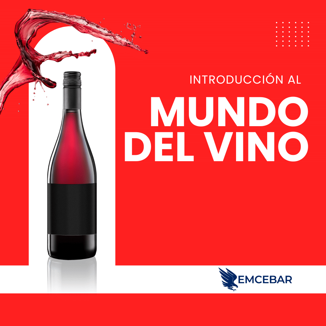 Una botella de vino tinto se vierte con gracia sobre un fondo rojo vibrante. El texto, "Introducción al Mundo del Vino", se exhibe de manera destacada junto al logo de EMCEBAR con un águila, promocionando un curso de vino para principiantes.